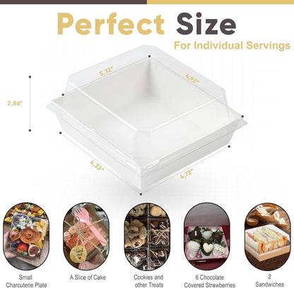 Leafiew 50 Pack Small Charcuterie Boxes with Clear Lids - To Go Paper Mini Charcuterie Box, Disposable Food Containers, 5Inch Dessert Boxes - Sandwich, Cookie, Sushi, Cake Slice, Strawberries (Brown)