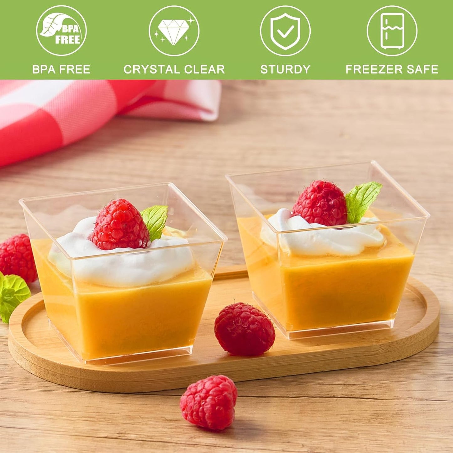 Zezzxu 3 oz Square Mini Dessert Cups with Spoons - 50 Pack Plastic Pudding & Parfait Cups Party Dessert Shooters for Serving Trifle Mousse Cake Appetizers