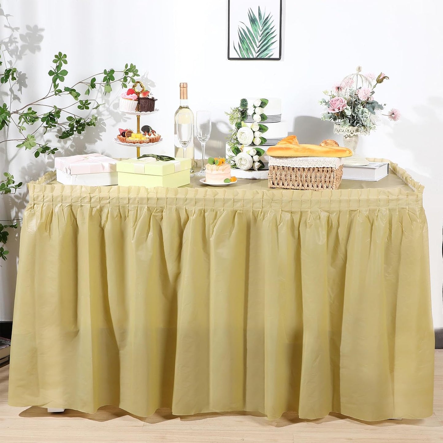 Oudain 6 Pcs Plastic Table Skirts and Stainproof Table Cloths 54 x 108 in Plastic Ruffle Tablecloth 168 x 29 Inches Disposable for Wedding Baby Shower Valentine Spring Easter Party(White)
