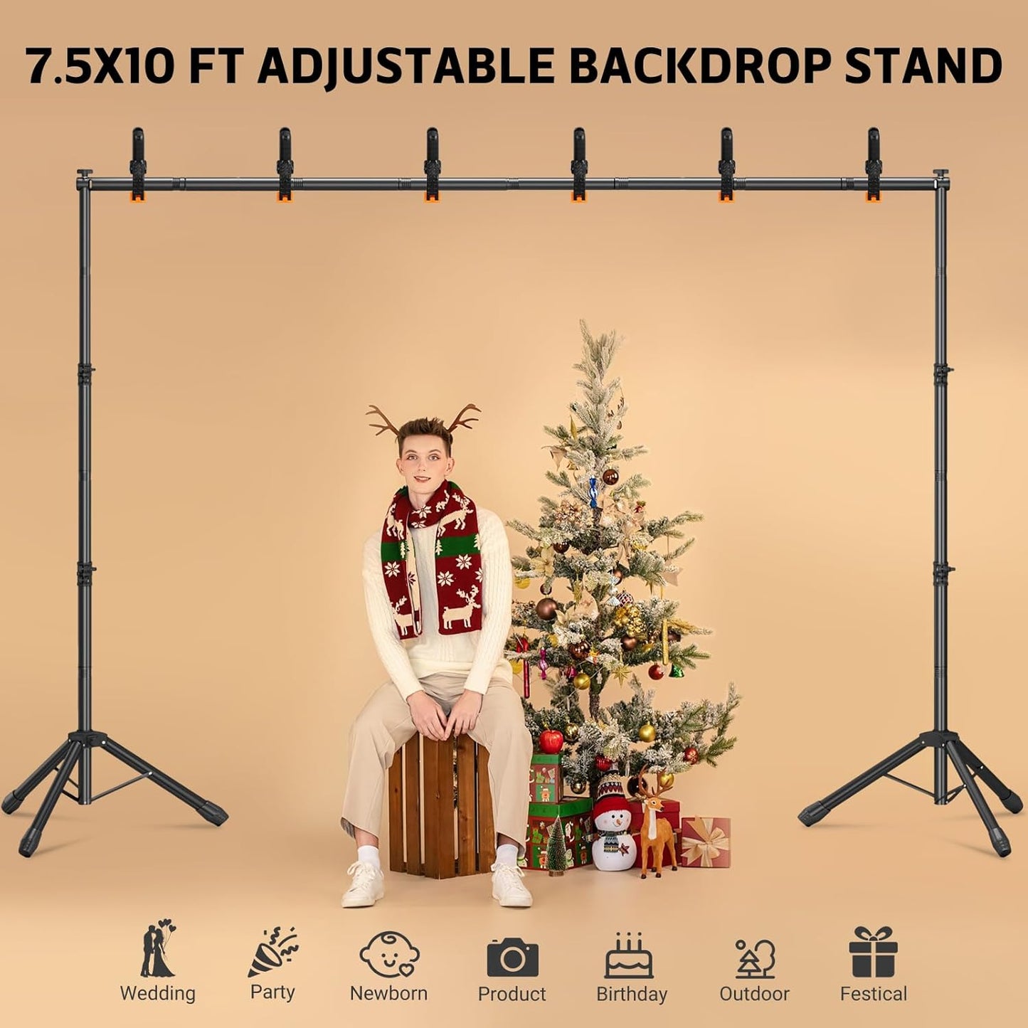 3-in-1 Backdrop Stand Kit 10x8.5 ft for Photography Studio, T-Shape Backdrop Stand for Wedding Parties, Background Stand for Photo Video Studio with Carring Bag, 6 Clamps, 2 Sandbags