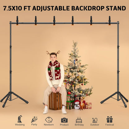 3-in-1 Backdrop Stand Kit 10x8.5 ft for Photography Studio, T-Shape Backdrop Stand for Wedding Parties, Background Stand for Photo Video Studio with Carring Bag, 6 Clamps, 2 Sandbags