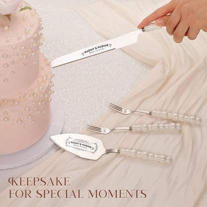 Pearl Wedding Cake Knife and Server Set with Forks, Cake Cutting Set with Stainless Steel Serrated Edges, Silver Pie Cutter Pizza Spatula, Gift for Bridal Couples Engagement (Mr & Mrs)