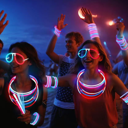 Red White Blue Glow Sticks Bulk 60 Pack with 70 Accessories, 4th of July Patriotic Party Supplies, Memorial Day Glow Bracelets & Necklaces for Kids Adults