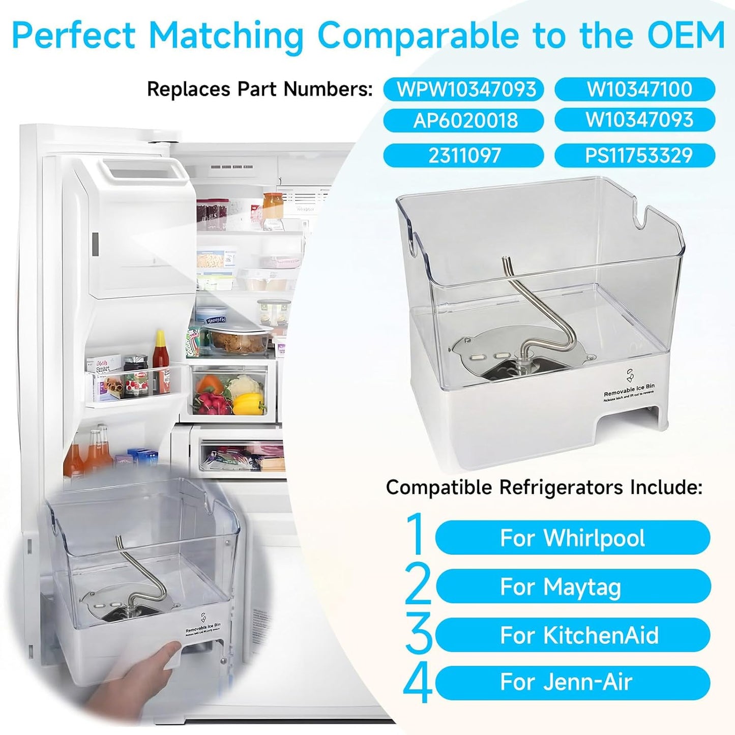 WPW10347093 Removable Ice Bin Compatible with Whirlpool Ice Bucket Replacement, W10347093 Ice Maker Assembly for Whirlpool Refrigerator Ice Bin