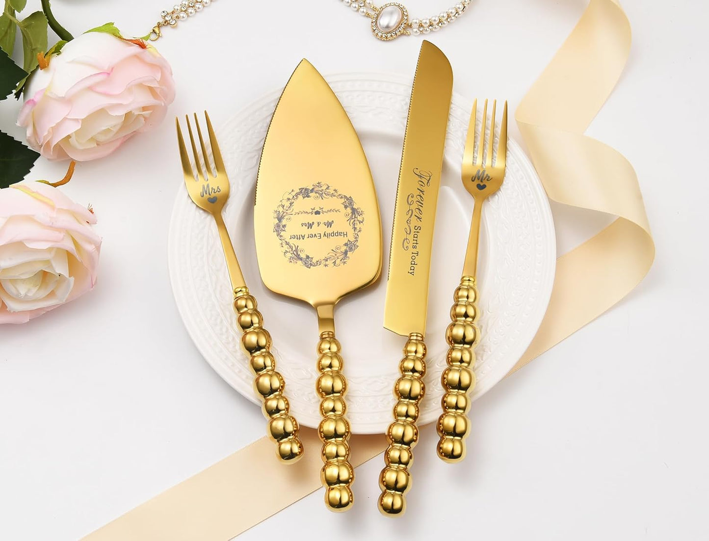 Wedding Cake Knife and Server Set, Gold Ceramic Pearl Handle Cake Cutting Set for Weddings, Engagements, Anniversaries, and Engagement Gifts for Couples