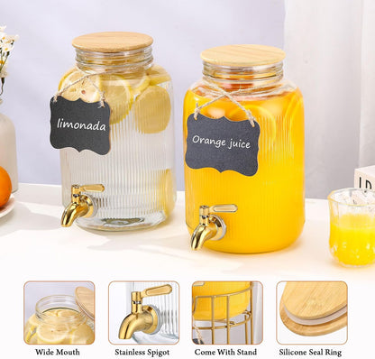 Drink Dispensers For Parties- 1 Gallon Beverage Dispenser with Stand and Spigot 18/8 Stainless Steel Leak-proof- Sun Tea Glass Jar For Outside, Juice Lemonade Dispenser
