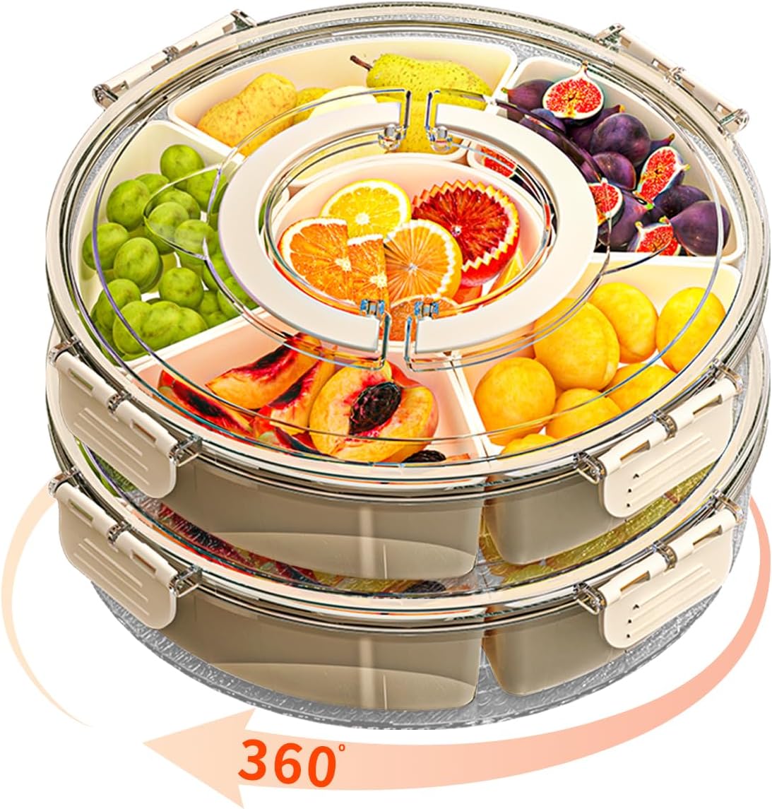 Divided Serving Tray with Lid and Handle, Stackable Snackle Box Container for Fruits Candy Organizer, Portable Spinning Rounded Veggie Tray for Kitchen, Party, Trave and Picnic-1 PACK
