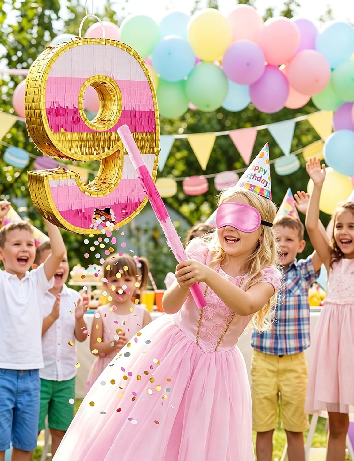 Number 5 Piñata with Stick, Blindfold & Confetti-Pink Piñata for Birthday Parties, Complete Party Game Set for Kids Girls-Gradient Pink Birthday Decor with Fillable Design(Small, 16.5 x 11.5 x 3 In)