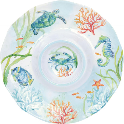 UPware Sea Life Melamine Chip and Dip Serving Tray, Round Serving Platter for Chips, Salsa, Fruit, and Snacks, Multicolor, 13.5 Inch
