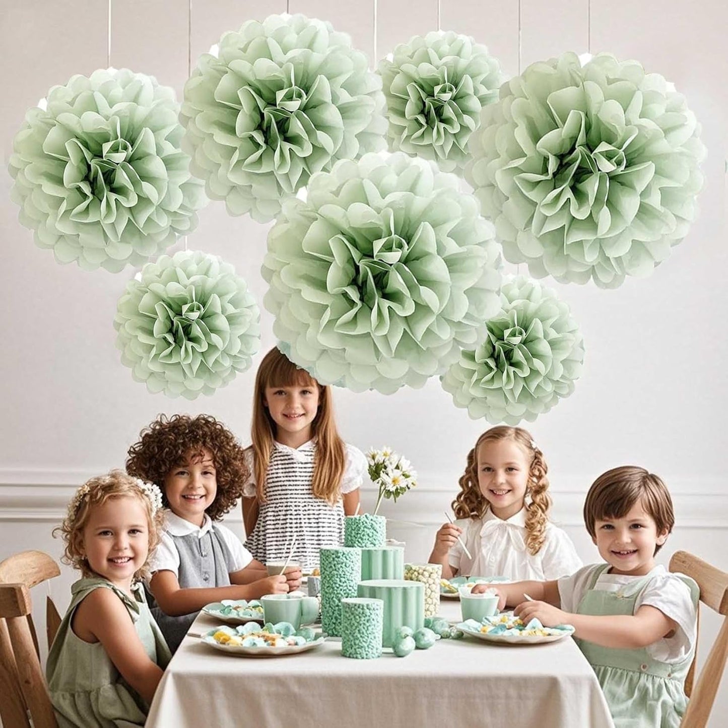 Sage Green Tissue Paper Pom Poms Flowers Balls 12 Pcs are Perfect for Party Celebrations or Any Green-Themed Event Decoration