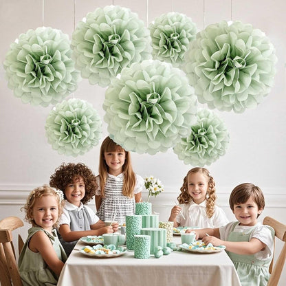Sage Green Tissue Paper Pom Poms Flowers Balls 12 Pcs are Perfect for Party Celebrations or Any Green-Themed Event Decoration