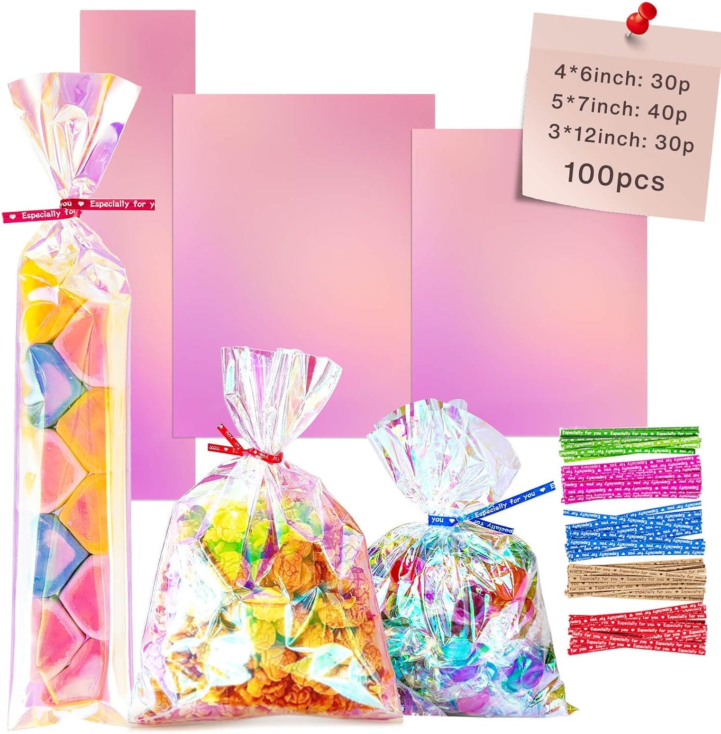 5x7 Inch Iridescent Cellophane Treat Bags with Twist Ties, Treat Bags for Candy Cookie Goodie Chocolates, And Popcorn