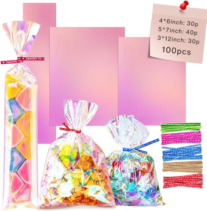 5x7 Inch Iridescent Cellophane Treat Bags with Twist Ties, Treat Bags for Candy Cookie Goodie Chocolates, And Popcorn