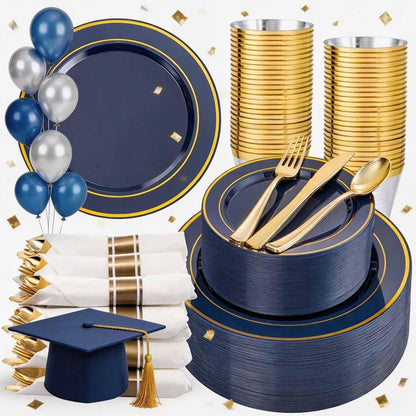 350 Pieces Black and Gold Plastic Plates with Disposable Silverware, Include 50 Dinner Plates 9”, 50 Dessert Plates 6.3”, 50 Black Cups 9 OZ, 50 Pre Rolled Napkins for Wedding Party Graduation