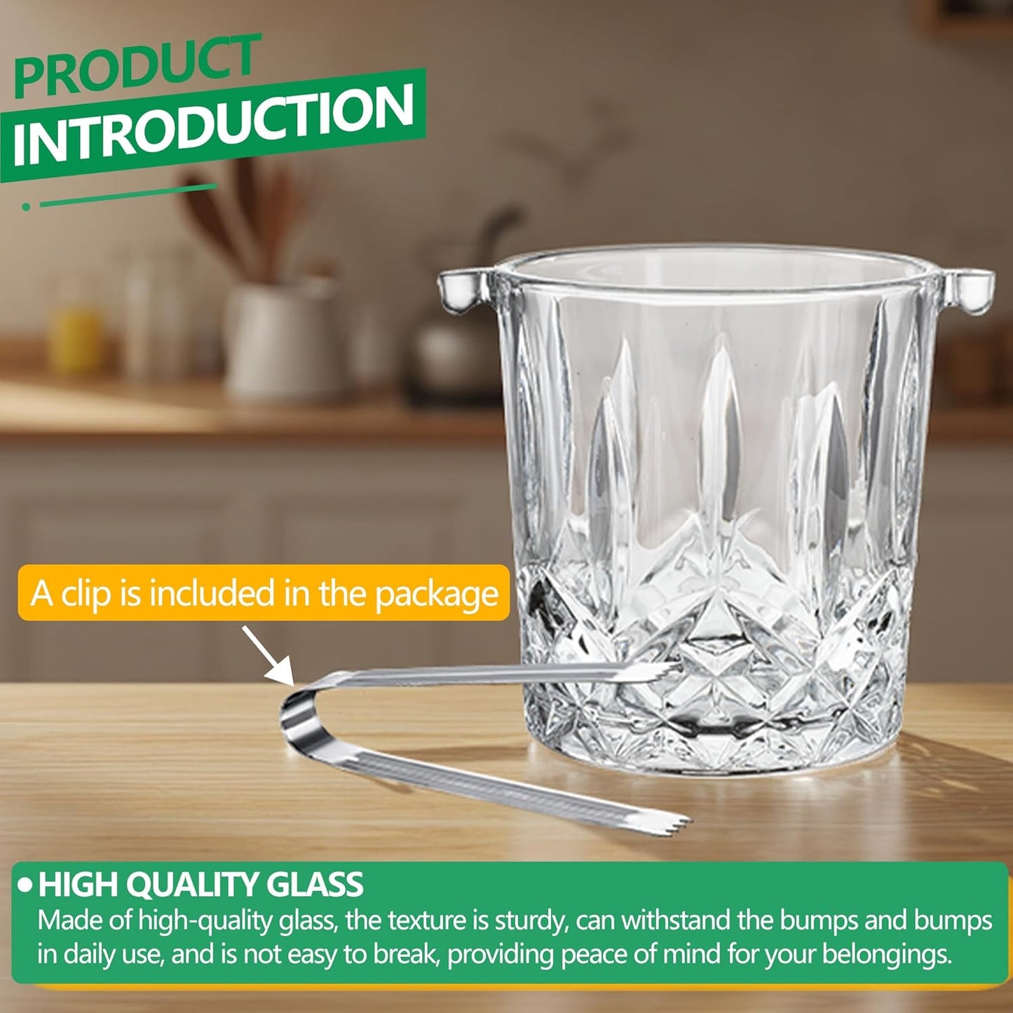 Glass Ice Bucket with Handle and Ice Tong Holds 37oz of Ice Clear Crystal Ice Buckets for Cocktail Bar Wine Home Bar Accessories Parties Clear Champagne Bucket