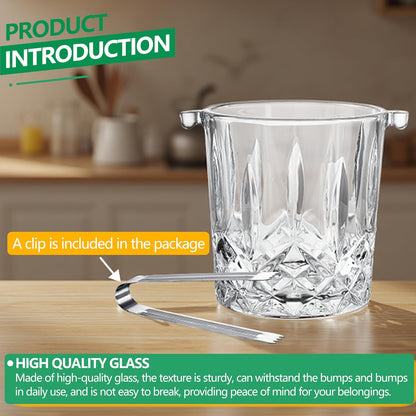 Glass Ice Bucket with Handle and Ice Tong Holds 37oz of Ice Clear Crystal Ice Buckets for Cocktail Bar Wine Home Bar Accessories Parties Clear Champagne Bucket