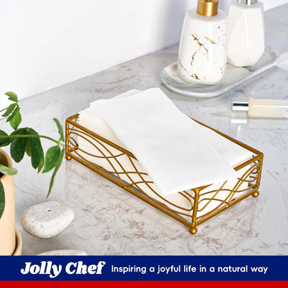 JOLLY CHEF 100 Disposable Hand Towels, Soft and Absorbent Linen Feel Dinner Napkin, Elegant Decorative Paper Guest Towels for Kitchen, Bathroom,Thanksgiving, Weddings,Parties, Gold and White