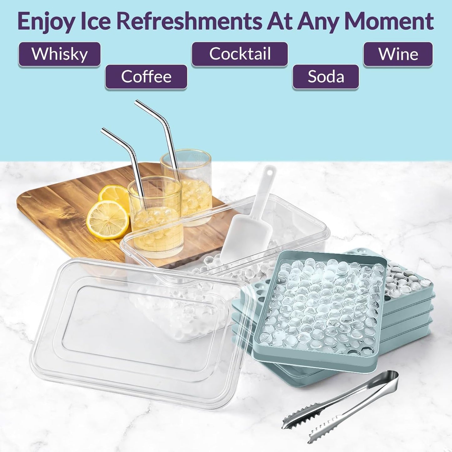 56pcs Ice Cube Tray with Lid and Bin – Stackable 4 Trays Plastic Silicone Freezer Mold, Large Ice Bucket with Scoop, Tong & 2 SS Straws – Easy Release Ice Maker for Cocktail, Coffee, RV, Whiskey