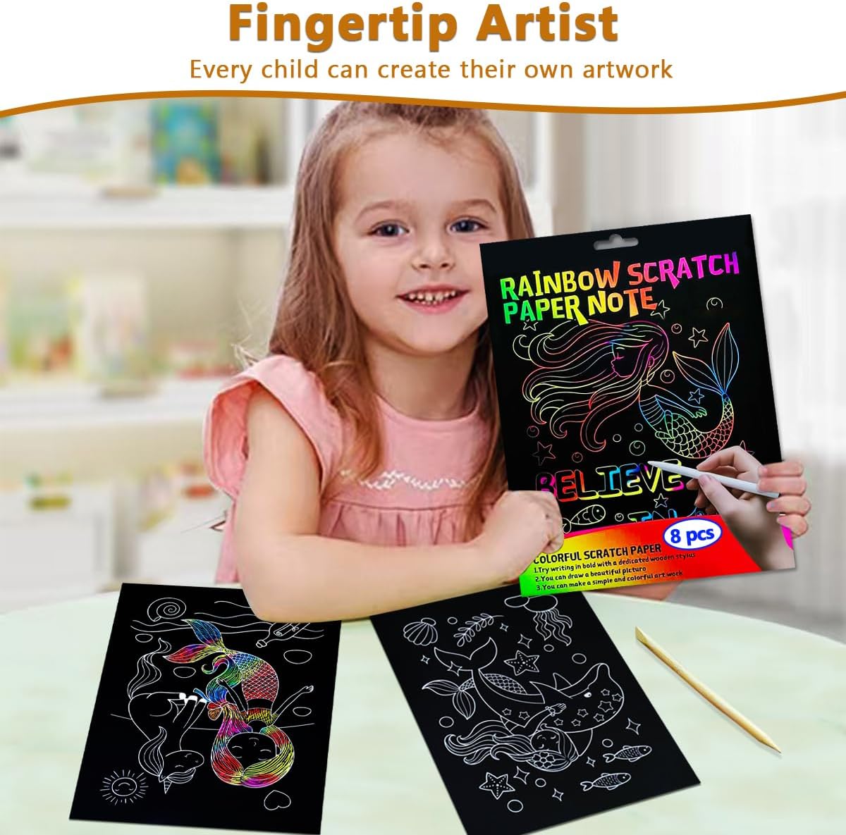 BAOXUE Scratch Art for Kids, Mermaids Black Rainbow Scratch Paper Set-Arts And Crafts & Supplies, DIY Activity & Party Games, Mermaid Toys Gifts for Toddlers, Girls