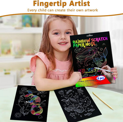 BAOXUE Scratch Art for Kids, Mermaids Black Rainbow Scratch Paper Set-Arts And Crafts & Supplies, DIY Activity & Party Games, Mermaid Toys Gifts for Toddlers, Girls