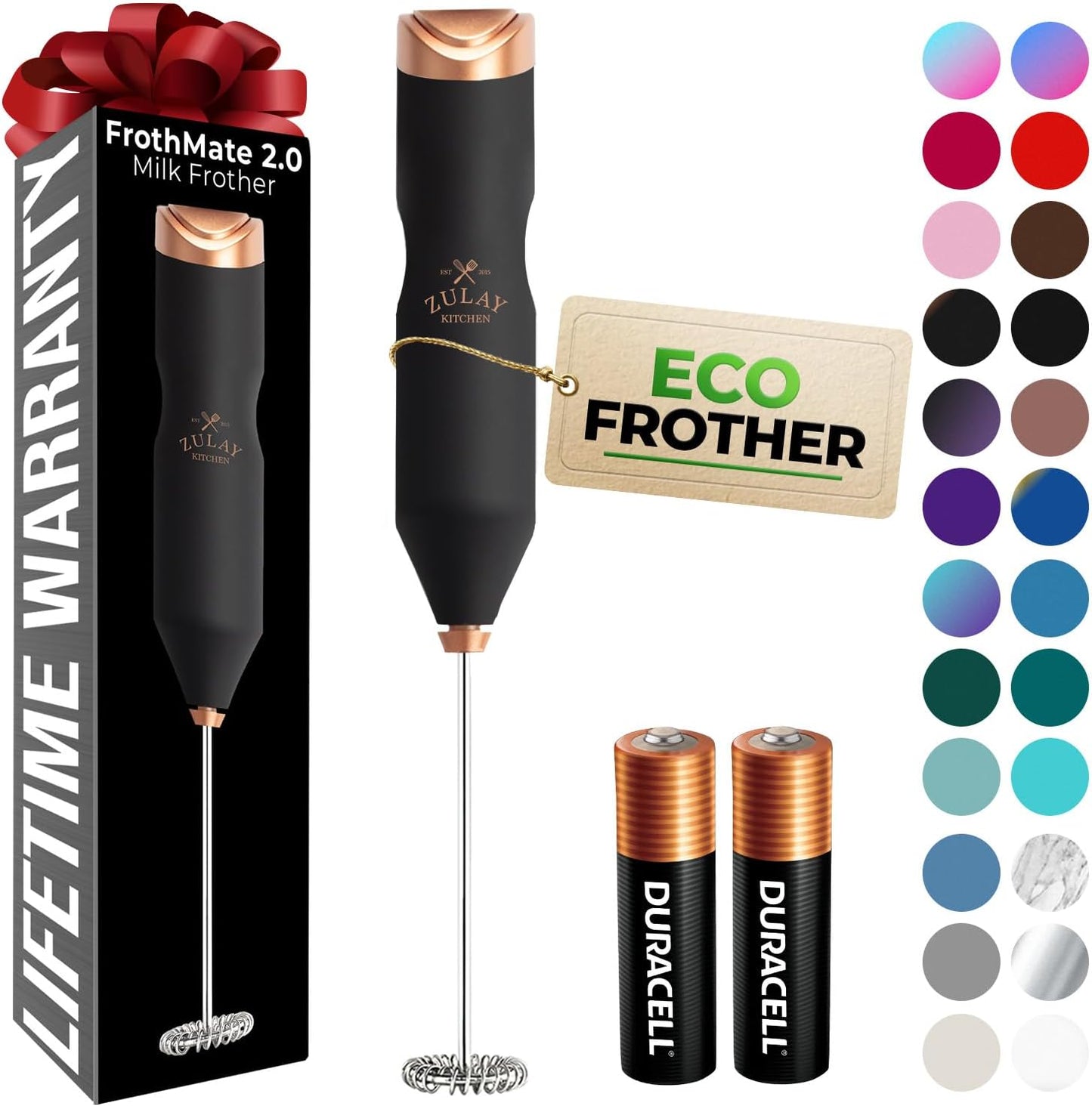 Zulay Kitchen Powerful Milk Frother AA Batteries Included – Ultra Fast Handheld Drink Mixer with Stainless Steel Whisk Stirrer for Coffee, Protein, Matcha & More, Frother Wand Electric Frothmate Black - Colors E