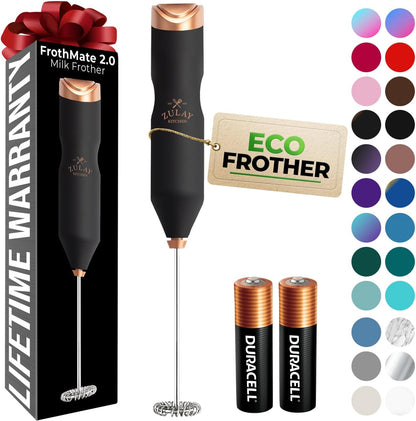 Zulay Kitchen Powerful Milk Frother AA Batteries Included – Ultra Fast Handheld Drink Mixer with Stainless Steel Whisk Stirrer for Coffee, Protein, Matcha & More, Frother Wand Electric Frothmate Black - Colors E