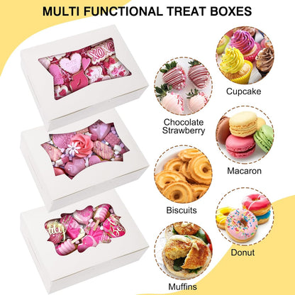 TOMNK 30pcs Cookie Boxes, 8x6x2.5 Inches 3 Style Windows Treat Boxes with Window for Treats, Chocolate Covered Strawberries, Muffins, Donuts