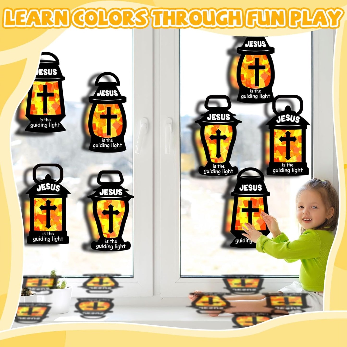 QOUBAI 32 Sets Stars Suncatchers Craft Back to School DIY Stained Glass Window Patriotic 4th of July Paper Craft Home School Classroom Decor Kid Birthday Gift Creative Art Activity Game - Colors B
