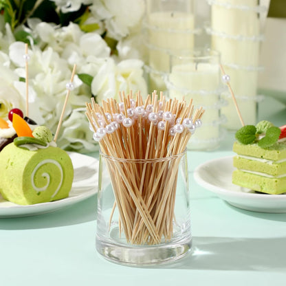 Reallnaive 600 Pcs Cocktail Pick Pearl Fancy Toothpick for Appetizer 4.7 Inch Long Skewer for Drink Fruit Food Bamboo Stick Wedding Bridal Shower Decoration Charcuterie Accessories (White)