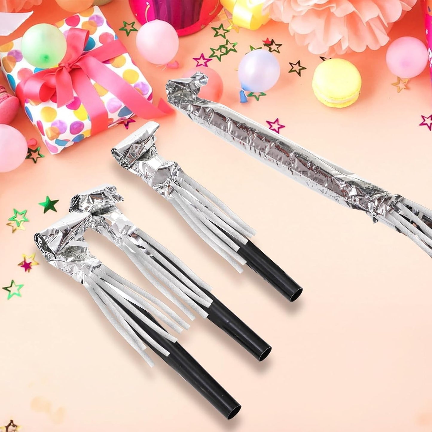 Eorbow 60 Packs Silver Noise Makers, Metallic Fringed Party Blowers, Horns Musical Blowouts Whistles for Birthday Party, Sporting Events, Graduation, Party Favor Supplies Adults