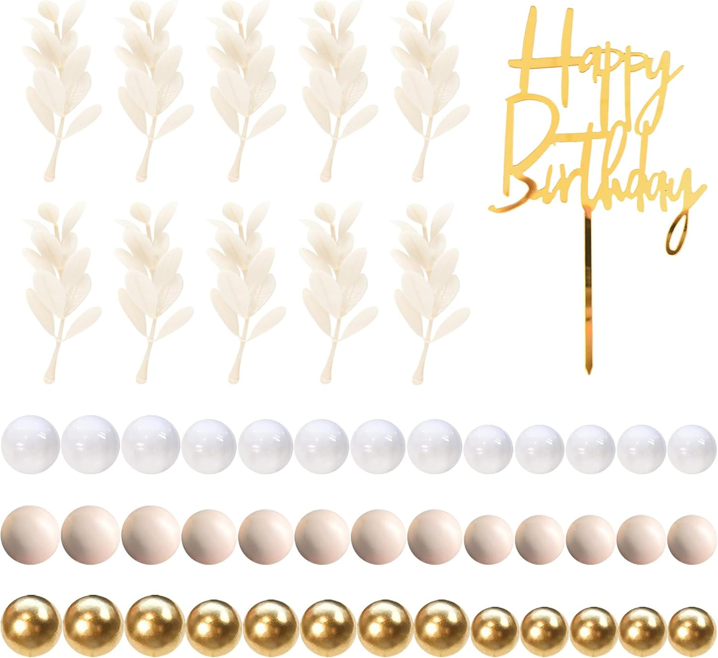 Khaki Balls Cake Topper Boho Grass Cake topper Khaki White Gold Pearl Balls Happy Birthday Cake Decorations for Wedding Birthday Boho Themed Supplies (Khaki)