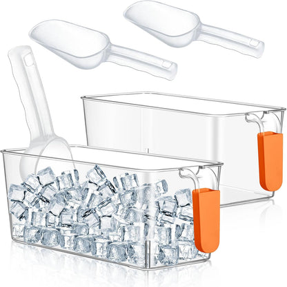 Havawish Ice Storage Bin and Flexible Scoop Set Plastic Freezer Bin with Pull Out Handle Storage Bucket Clear for Container with Scoop(Grey,10.83 x 4.92 x 4.33 in,Classic)