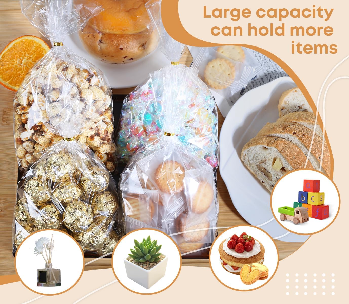 SUREHOME Cellophane Bags, 100 Pack Clear Gift Bag Cellophane Treat Bags with Ties 6x10 Inch Plastic Small Cello Candy Bag for Birthday Party Favors Goodie valentines Cookies Bakery Snack Popcorn Wraps