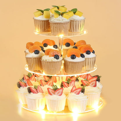 HENABLE 3 Tier Cupcake Stand Cupcake Holder, Acrylic Cupcake Tower with LED Yellow Light for 24 Cupcakes, Dessert Table Display Set for Birthday, Bar, Decor Weddings, Parties Events