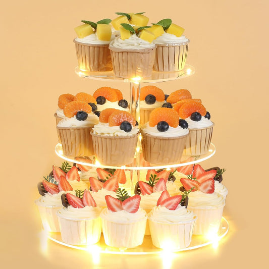 HENABLE 3 Tier Cupcake Stand Cupcake Holder, Acrylic Cupcake Tower with LED Yellow Light for 24 Cupcakes, Dessert Table Display Set for Birthday, Bar, Decor Weddings, Parties Events