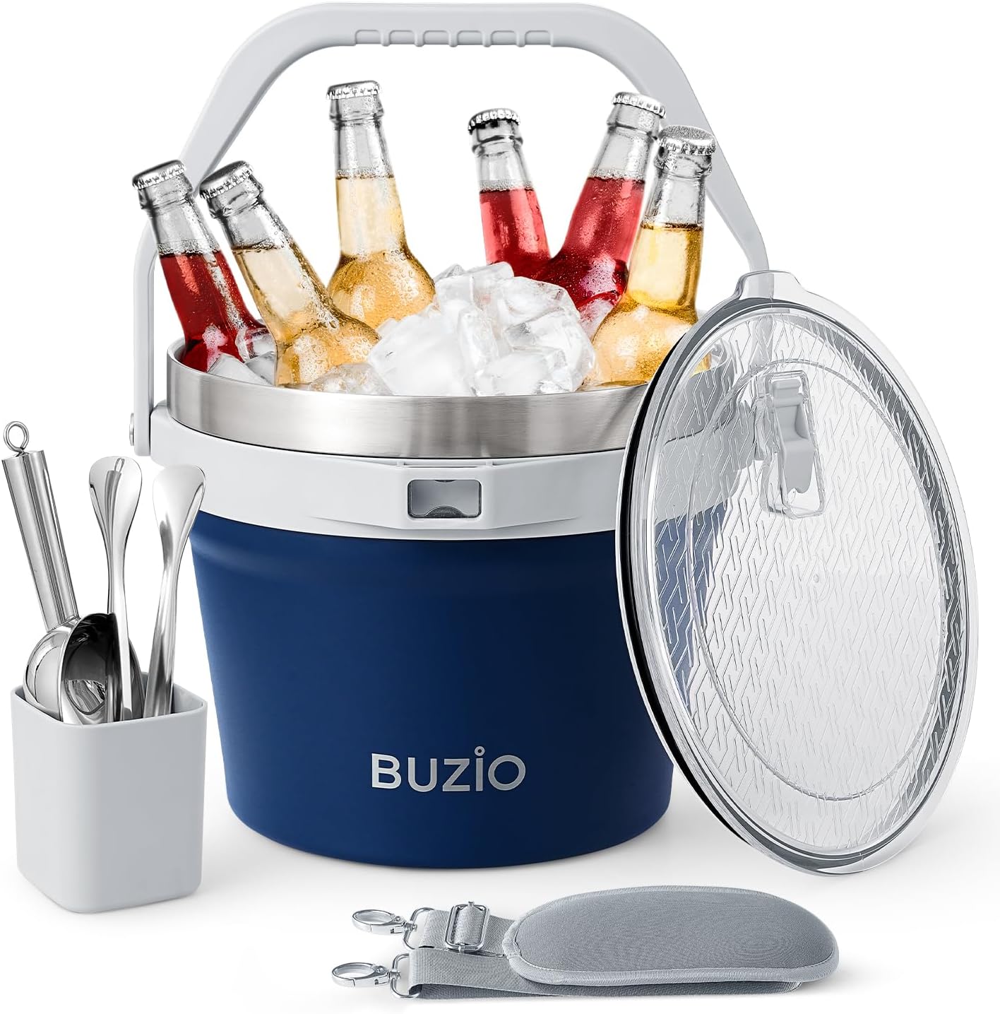 BUZIO 7 L Ice Bucket for Parties with Lid and Scoop & Tongs, Vacuum Insulated Stainless Steel Ice Buckets with Handle and Adjustable Shoulder Strap, Large Beverage Bucket for Cocktail Bar, Blue