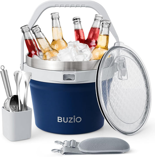 BUZIO 7 L Ice Bucket for Parties with Lid and Scoop & Tongs, Vacuum Insulated Stainless Steel Ice Buckets with Handle and Adjustable Shoulder Strap, Large Beverage Bucket for Cocktail Bar, Blue