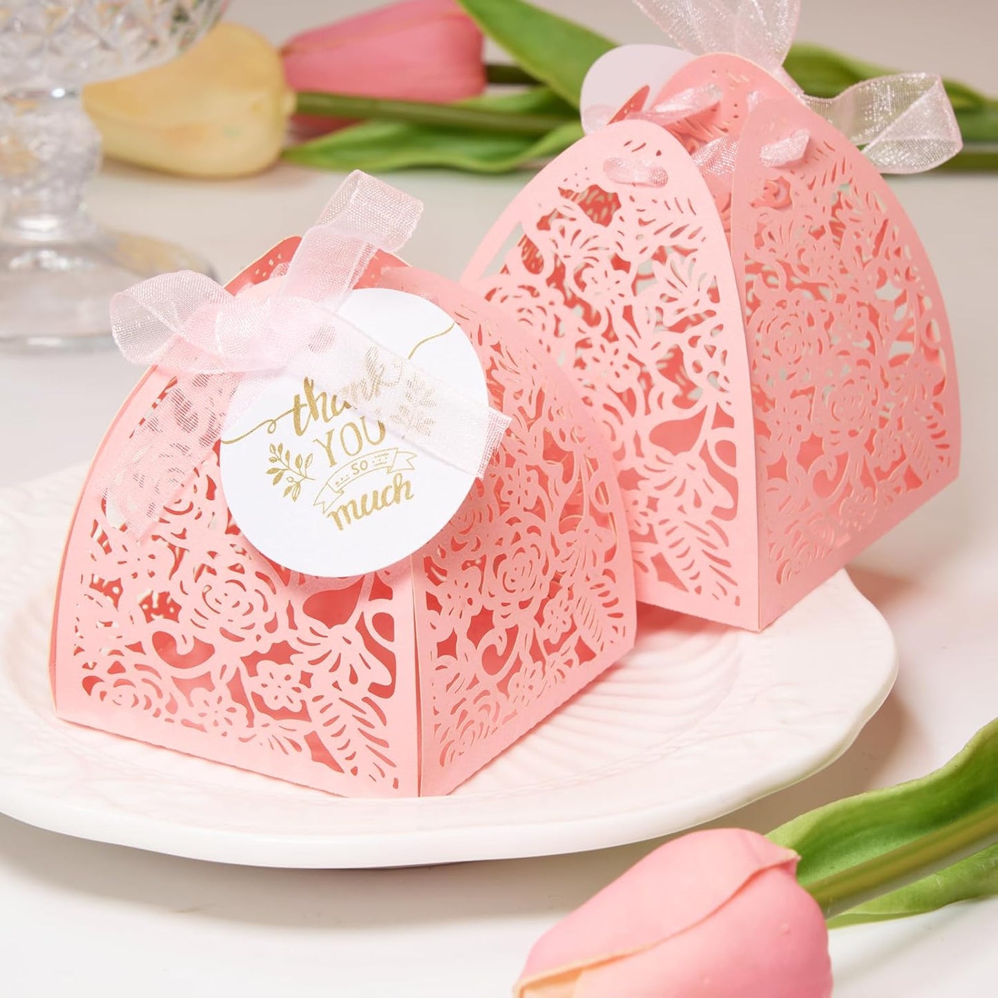 AdasBridal 50Pcs Small Gift Boxes for Party Favors, Laser Cut Candy Boxes Wedding Favor with Thank You Card Ribbons for Bridal Baby Shower Wedding Decorations (White, 2.36")