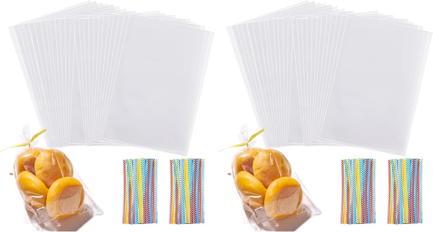 100 Pcs 10 in x 6 in Clear Flat Cello Cellophane Treat Bags Good for Bakery, Cookies, Candies,Dessert(by Brandon)1.4mil.Give Metallic Twist Ties!