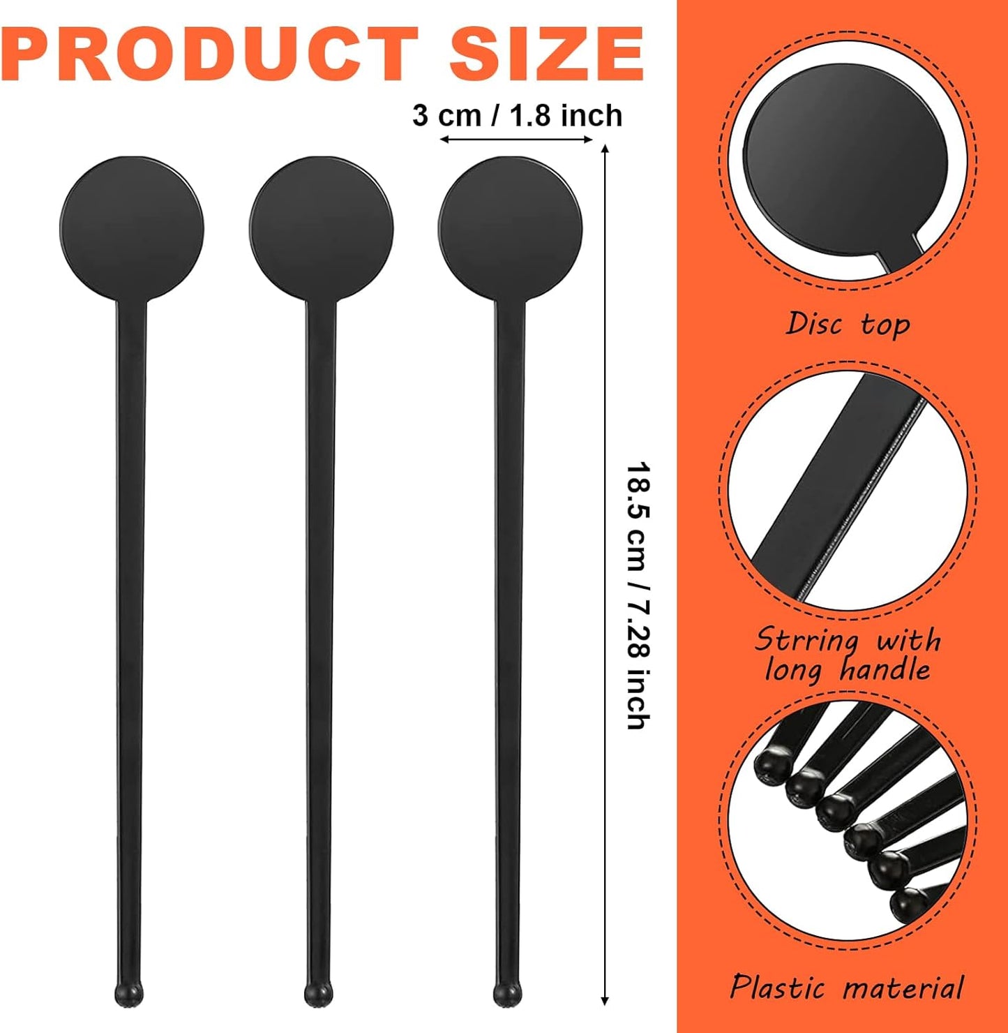 200 Pcs Cocktail Stirrers, 7.3 Inches Black Drink Stirrers Disposable Swizzle Sticks for Drinks Plastic Disc Top Mixing Rod for Coffee Milk Whiskey Beverage Bar