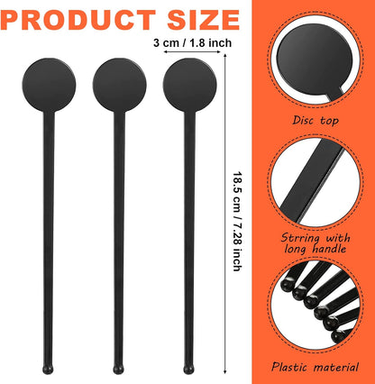 200 Pcs Cocktail Stirrers, 7.3 Inches Black Drink Stirrers Disposable Swizzle Sticks for Drinks Plastic Disc Top Mixing Rod for Coffee Milk Whiskey Beverage Bar