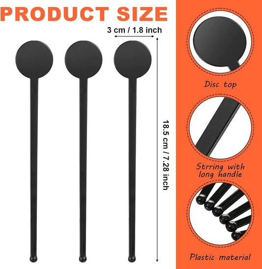 200 Pcs Cocktail Stirrers, 7.3 Inches Black Drink Stirrers Disposable Swizzle Sticks for Drinks Plastic Disc Top Mixing Rod for Coffee Milk Whiskey Beverage Bar