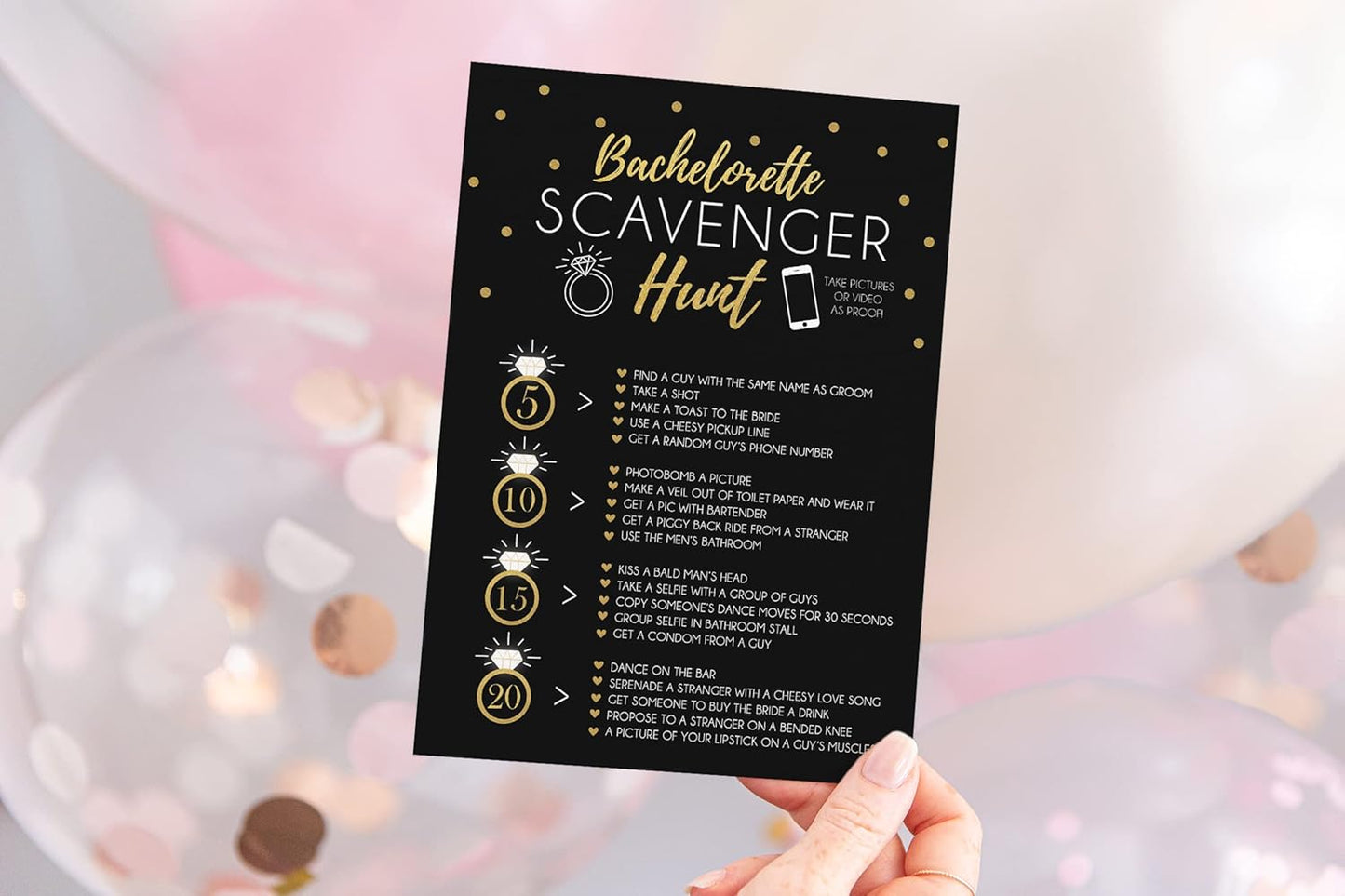 Your Main Event Prints 25 Bachelorette Scavenger Hunt Party Games, Drinking Game and Dares, Fun Novelty Cards for Girls Night Out