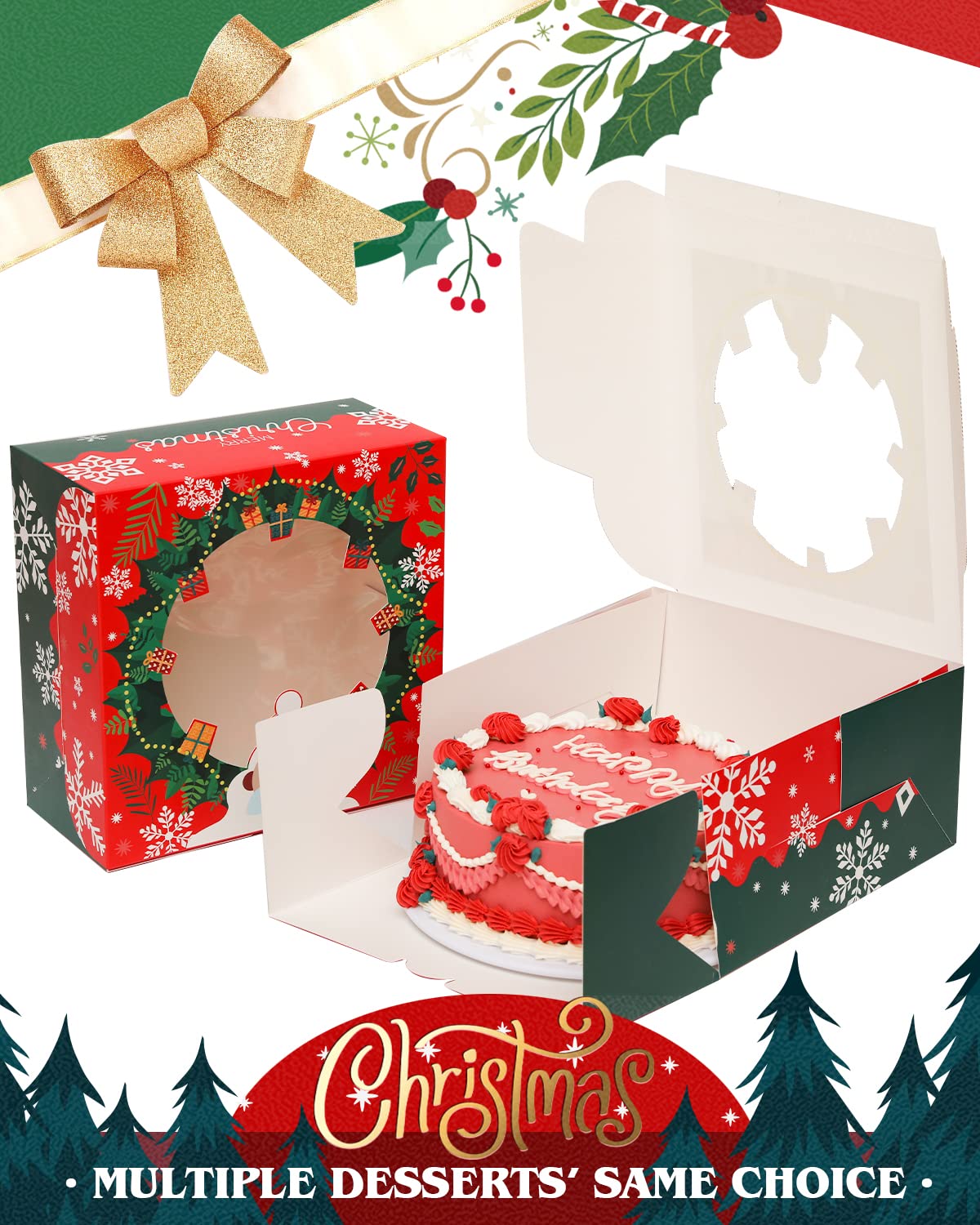 qiqee 10x10x5 Cake Box, 4 Sets Pink Cake Box with Window ＆ 4 Sets 10" Pink Cake Round Boards, 10inch Cake Containers