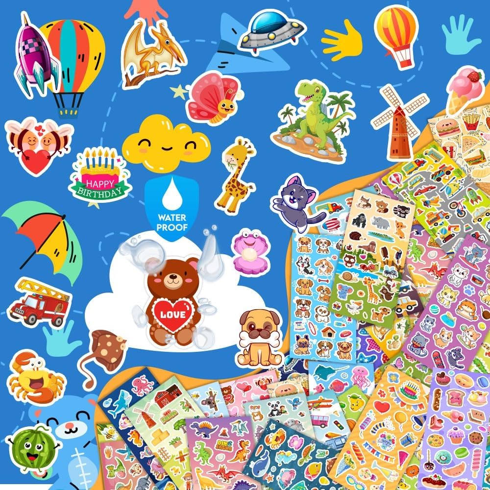48 Sheets Stickers for Kids, Cute Stickers Variety Pack for Scrapbooking, Teachers Classroom Prizes, Goodie Bag Stuffers Including Animals, Cars, Dinosaurs, Fishes, Hearts, Stars and More