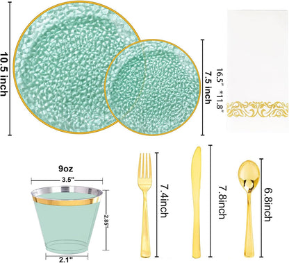 Rubtlamp 350 Pcs Clear Blue Plastic Plates, Blue Gold Plastic Dinnerware Set (50 Guests), Blue Disposable Plates With Gold Rim, Hammered Party Plates Set for Wedding And Party