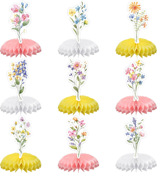 9 PCS Floral Honeycomb Centerpieces Spring Flower Theme Table Centerpiece 3D Wildflower Birthday Table Decorations for Spring Floral Theme Girls Baby Shower Wedding Birthday Party Decoration