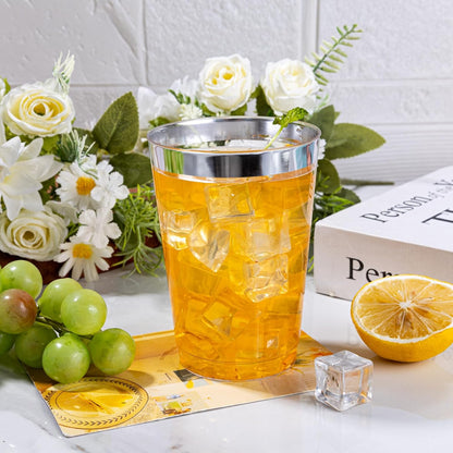 I00000 100 Pack 12 oz Gold Plastic Cups, Gold Rimmed Disposable Cups, Disposable Wine Glasses Cocktail Glasses Premium Cup with Golden Rim, 12 Ounce Plastic Tumblers for Party & Wedding
