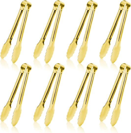 8PCS Gold Mini Metal Tongs, 5" Stainless Steel Serving Tiny Tong, Small Kitchen Accessories for Appetizer, Ice, Sugar Cube, Salad, Toaster, Desserts