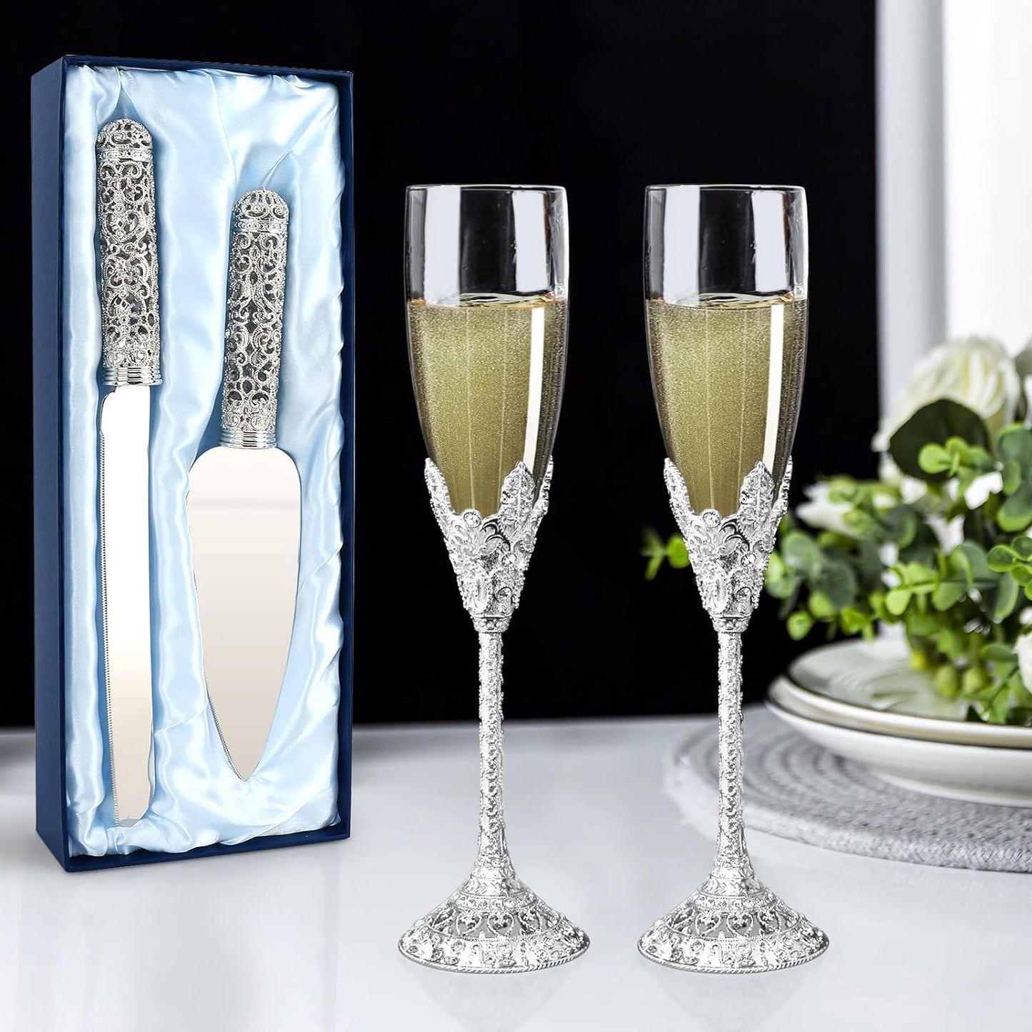 Gold Cake Knife and Server Set - 2 Piece Dessert Set Metal Handle with Crystal Stones Decoration for Wedding, Anniversary Party Birthday Banquets and Gifts for Bride and Groom